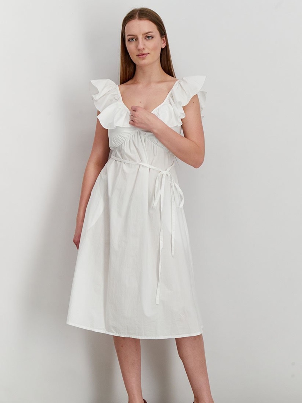 French Connection White Ruffle-Trim Midi Dress